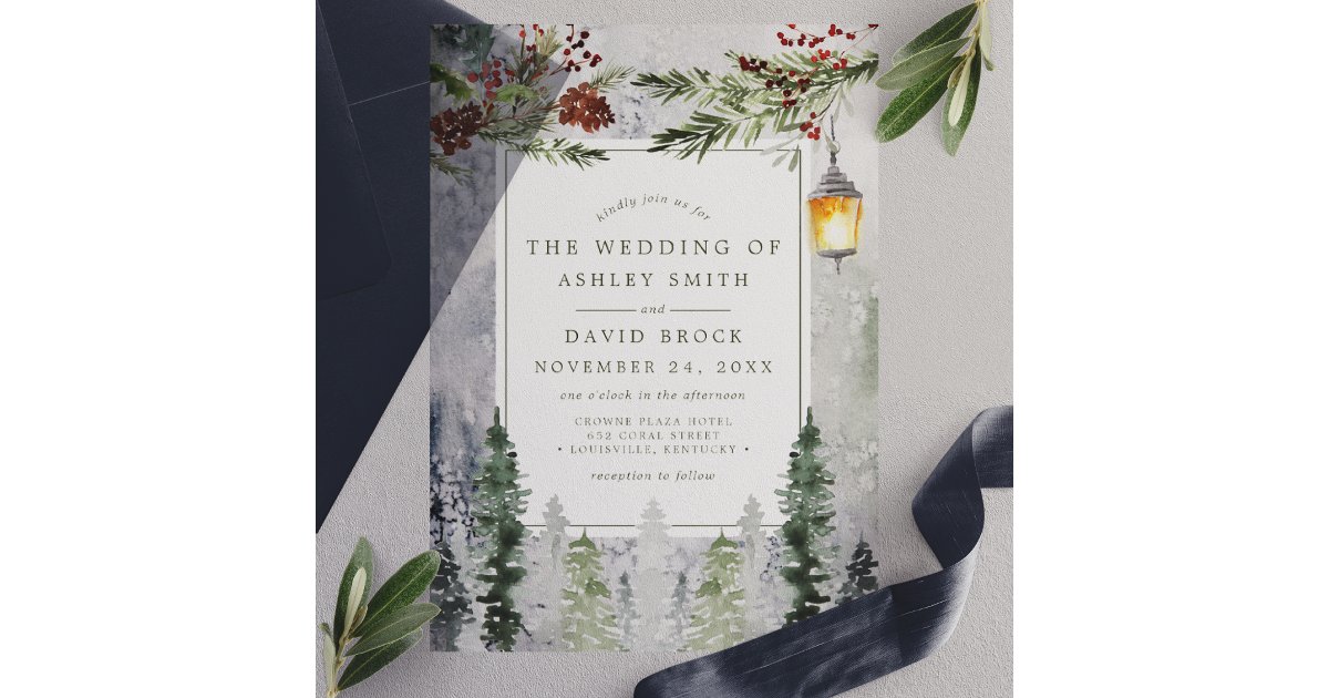 Rustic Winter Pine Trees Botanical Lantern Wedding Vellum Invitations ...