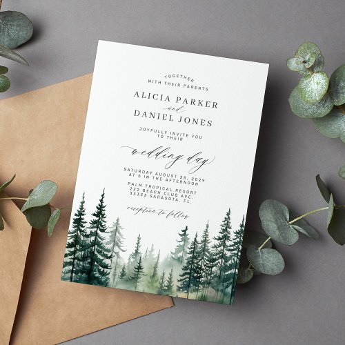 Rustic winter pine trees forest watercolor wedding invitation