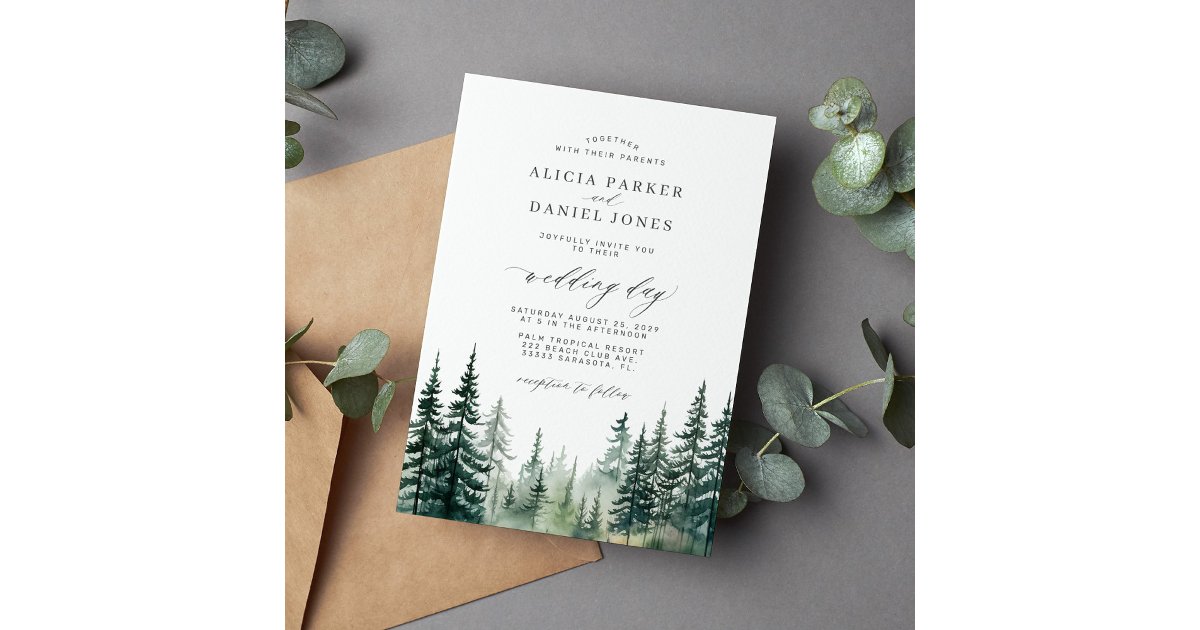 Rustic winter pine trees forest watercolor wedding invitation | Zazzle