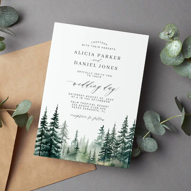 Rustic winter pine trees forest watercolor wedding invitation | Zazzle