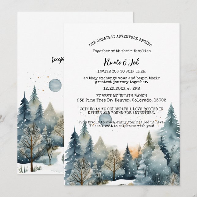 Rustic Winter Pine Trees Snow Outdoorsy Wedding  Invitation (Front/Back)