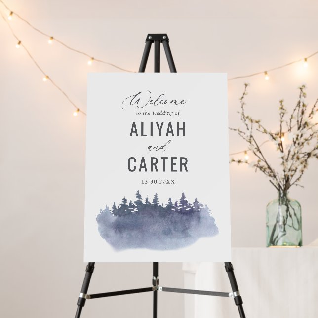 Rustic Winter Pine Trees Wedding Welcome Sign (In Situ (Stand))