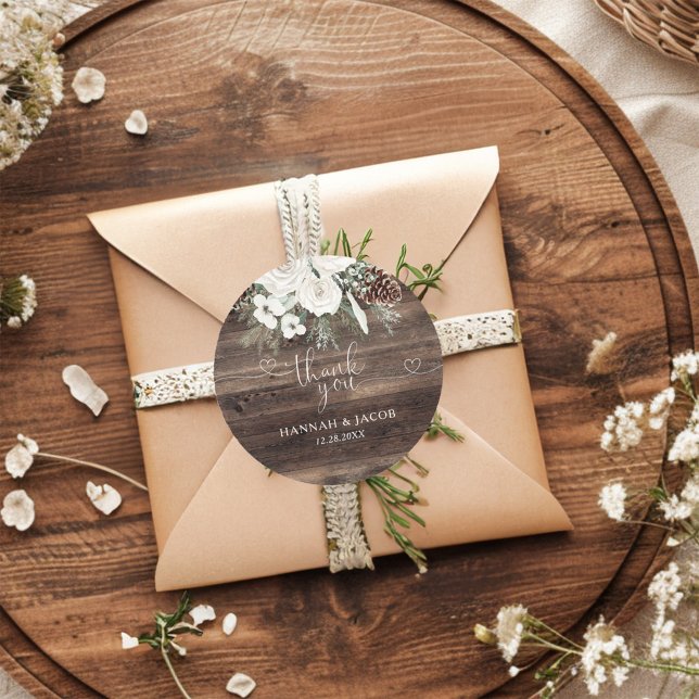 Rustic Winter Pine Wedding Thank You Favor Classic Round Sticker (Creator Uploaded)