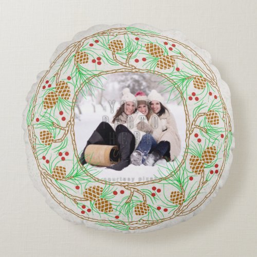 Rustic Winter Pine Wreath  Family Holiday Photo Round Pillow