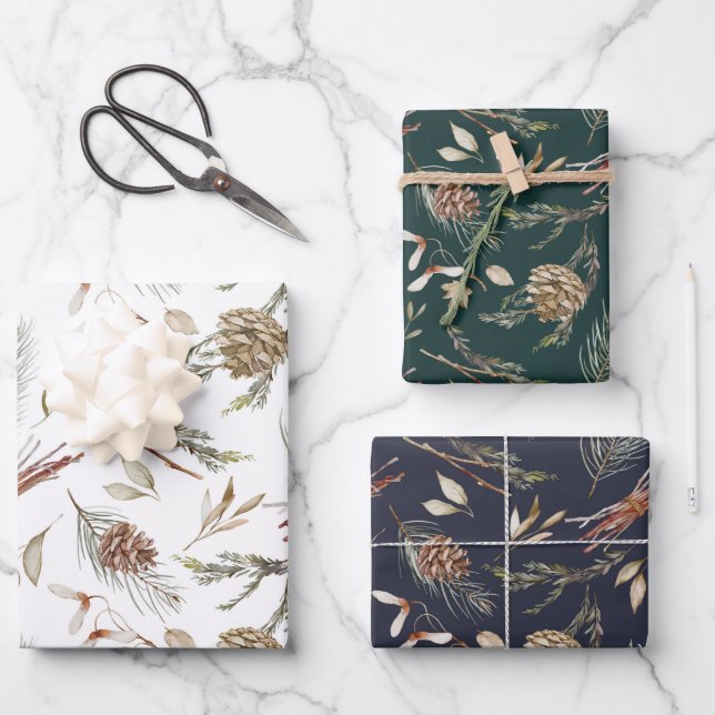 Rustic Winter Pinecone Wrapping Paper Set (Front)