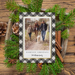 Rustic Winter Plaid Christmas Photo Foil Holiday Card<br><div class="desc">Send holiday greetings to friends and family with our rustic elegant photo cards featuring a wintry navy blue and black buffalo plaid pattern framing your vertical favorite photo. Personalize with two lines of custom text; shown with "Merriest Christmas" and your family name. Gold foil trim adds a luxe touch to...</div>