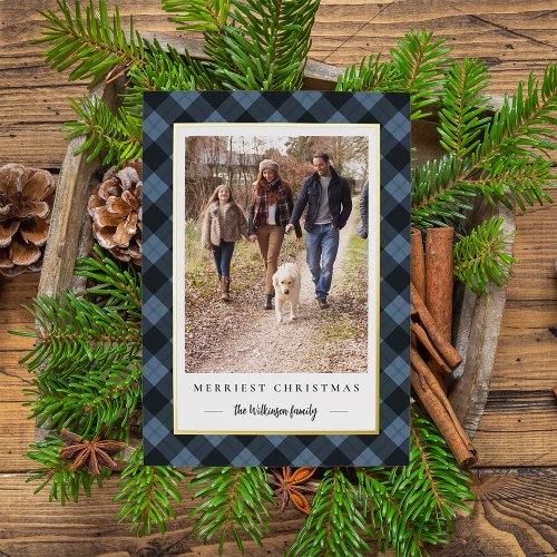 Rustic Winter Plaid Christmas Photo Foil Holiday Card