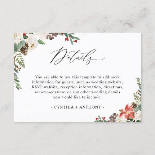 Rustic Winter Poinsettia Floral Wedding Details Enclosure Card