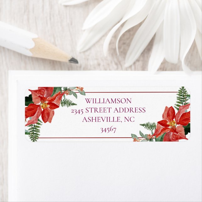 Rustic Winter Poinsettia Red Christmas Wedding Label (Insitu)