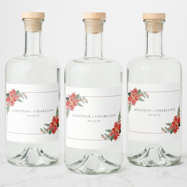 Rustic Winter Poinsettia Red Christmas Wedding Liquor Bottle Label (Bottles)
