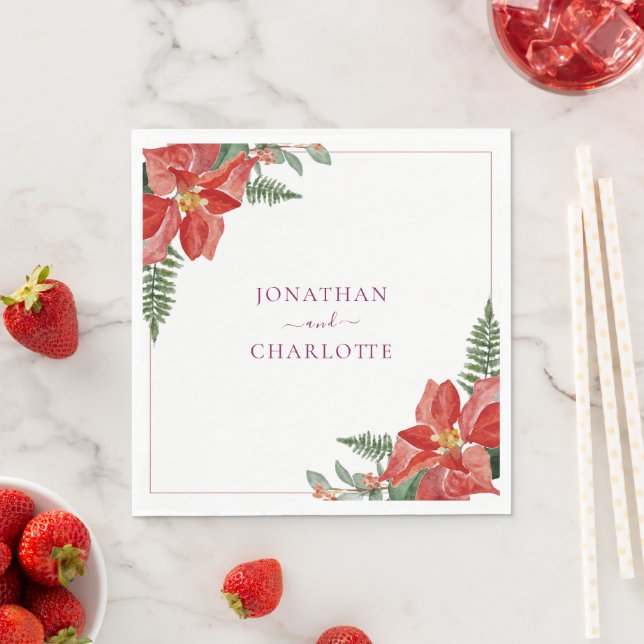 Rustic Winter Poinsettia Red Christmas Wedding Napkins (Insitu)
