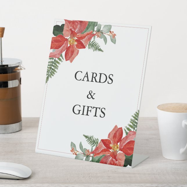 Rustic Winter Poinsettia Red Christmas Wedding Pedestal Sign (In SItu)
