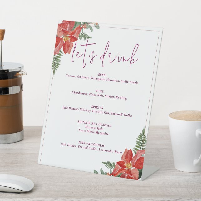 Rustic Winter Poinsettia Red Christmas Wedding Pedestal Sign (In SItu)