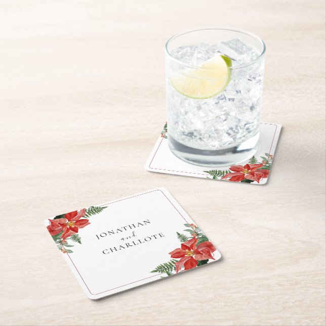 Rustic Winter Poinsettia Red Christmas Wedding Square Paper Coaster (Insitu)