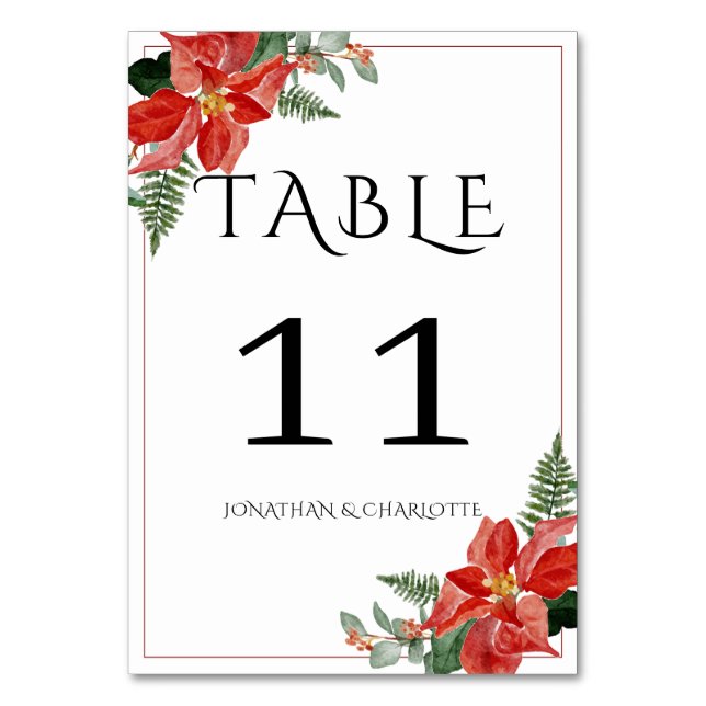 Rustic Winter Poinsettia Red Christmas Wedding Table Number (Back)