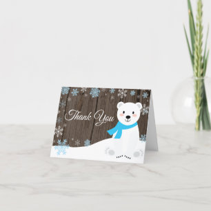 Rustic Winter Polar Bear Snowflake Blue Letterpress Thank You Card