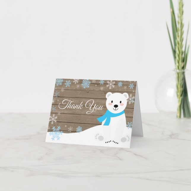 Rustic Winter Polar Bear Snowflake Blue Thank You Card (Front)
