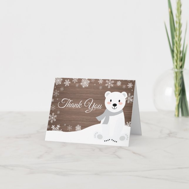 Rustic Winter Polar Bear Snowflake Letterpress Thank You Card (Front)
