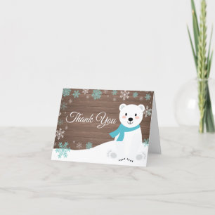 Rustic Winter Polar Bear Snowflake Teal Letterpress Thank You Card