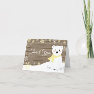 Rustic Winter Polar Bear Snowflake Yellow Letterpress Thank You Card