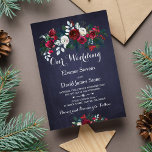 Rustic Winter Red Burgundy Navy Floral Wedding Invitation<br><div class="desc">Floral bouquet of red burgundy and white peony roses with pine green fir branches and foliage wedding invitation template with a fancy modern contemporary changeable script text over a dark midnight navy blue chalkboard background.               The invitation is ideal for winter floral rustic Christmas / seasonal weddings.</div>