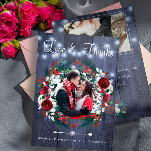 Rustic Winter Red Floral Wedding Navy Thank You Card