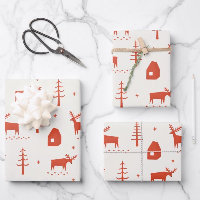 Rustic Winter Red Reindeer | Woodland Christmas Wrapping Paper Sheets (Front)