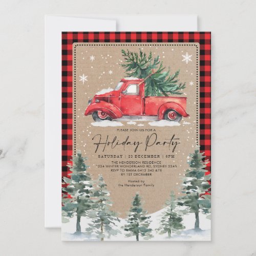 Rustic Winter Red Truck Snowflakes Holiday Party Invitation