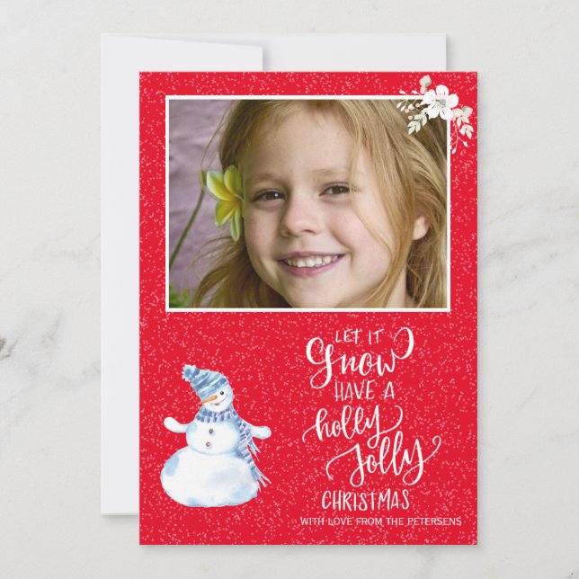 Rustic winter red white chalkboard snowman photo holiday card (Front)