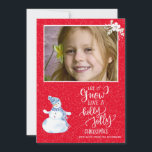 Rustic winter red white chalkboard snowman photo holiday card<br><div class="desc">Rustic modern Let it Snow Have a Holly Jolly Christmas white calligraphy handwritten script lettering winter family photo card on hot light red background, falling snow overlay and watercolor snowman. Personalize it with your photo (horizontal oriented) and your text on front and back! -------- Please note that the red background...</div>