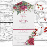 Rustic Winter Red Wine Roses No Dinner All In One Invitation<br><div class="desc">ALSO AVAILABLE WITH A QR CODE TO SCAN. Deep, soft marsala red roses and greenery make this winter floral bouquet stand out. Sprinkled with faux gold splatter, this invitation is a perfect choice for holiday weddings. The back and front are a soft green watercolor wash with faux gold splatter. Personalized...</div>
