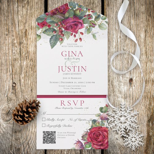 Rustic Winter Red Wine Roses QR Code All In One Invitation