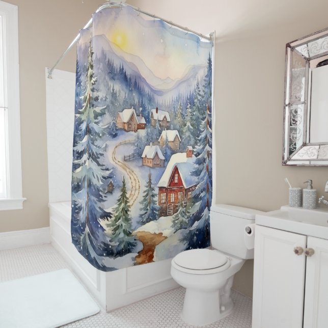 Rustic Winter Scene Chimney Smoke Snow Trees Shower Curtain (In Situ)