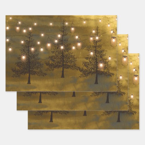 Rustic Winter Scene Golden Lights Wrapping Paper Sheets
