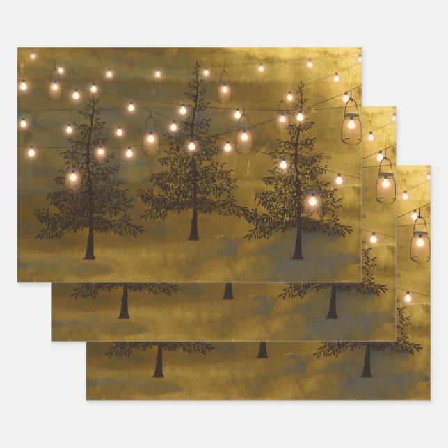 Rustic Winter Scene Golden Lights Wrapping Paper Sheets (Set)
