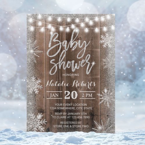 Rustic Winter Silver Snowflake Baby Shower Invitation