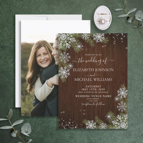 Rustic Winter Silver Snowflake Wood Photo Wedding Invitation