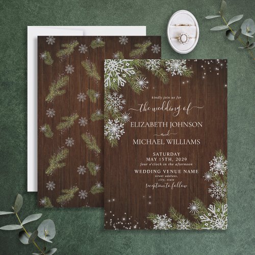 Rustic Winter Silver Snowflake Wood Pine Wedding Invitation