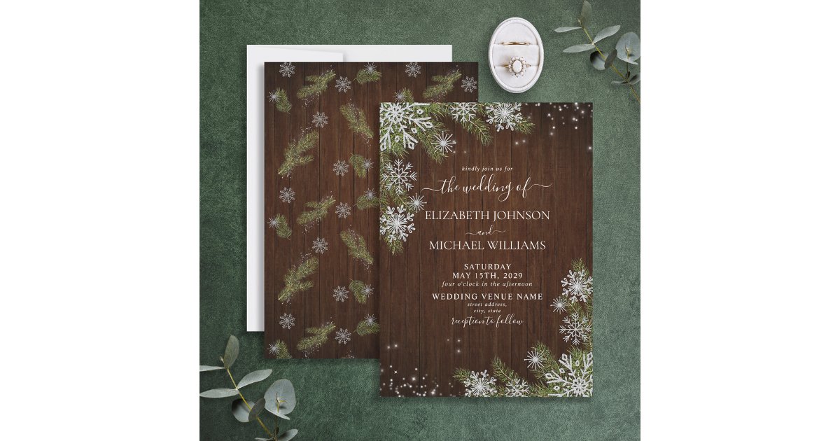 Rustic Winter Silver Snowflake Wood Pine Wedding Invitation | Zazzle