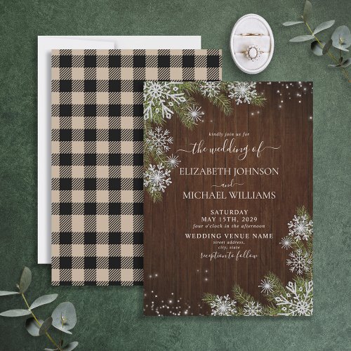 Rustic Winter Silver Snowflake Wood Plaid Wedding Invitation