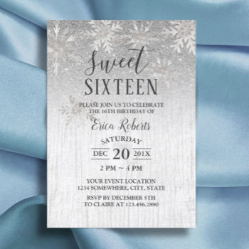 Rustic Winter Silver Snowflakes Sweet 16 Party Invitation by myinvitation at Zazzle