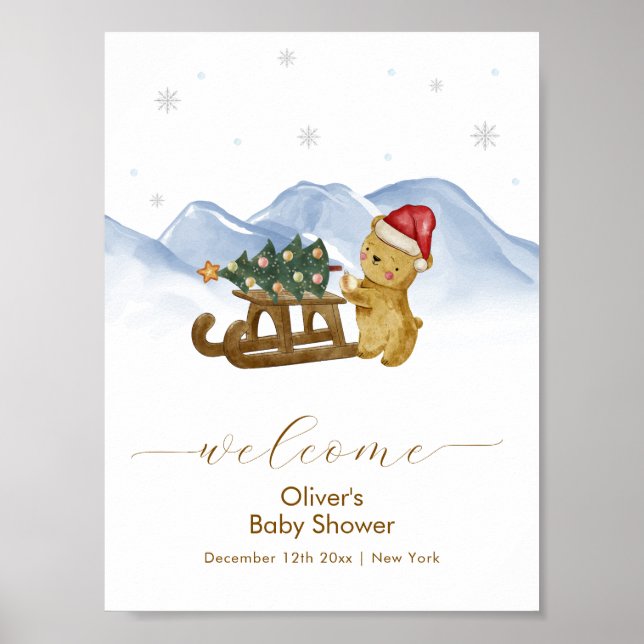 Rustic Winter Sleigh Bear Baby Shower Welcome Poster (Front)