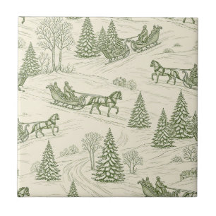 Rustic Winter Sleigh Green Cream Snowy Landscape Ceramic Tile