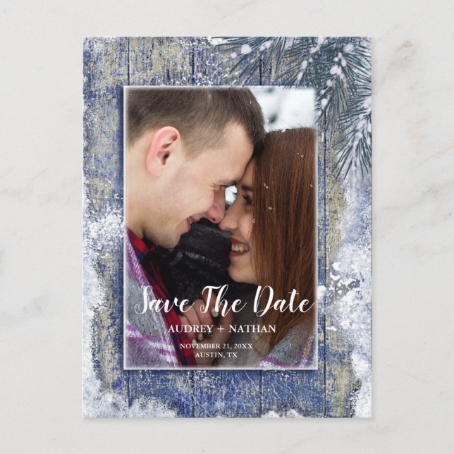 Rustic Winter Snow Barn Wood Photo Save the Date Announcement Postcard (Front)