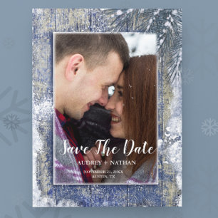 Rustic Winter Snow Barn Wood Photo Save the Date Announcement Postcard