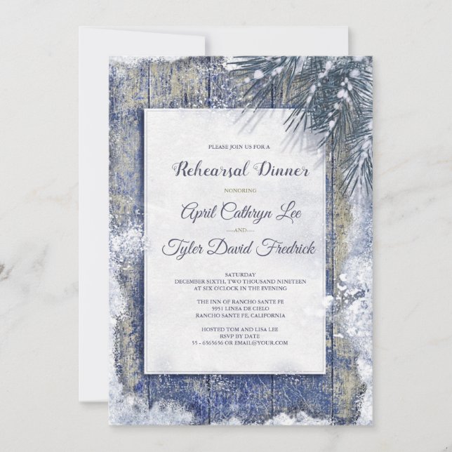 Rustic Winter Snow Barn Wood Rehearsal Dinner Invitation (Front)