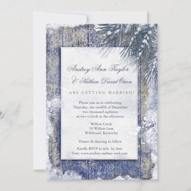 Rustic Winter Snow Barnwood Wedding Invitation (Front)