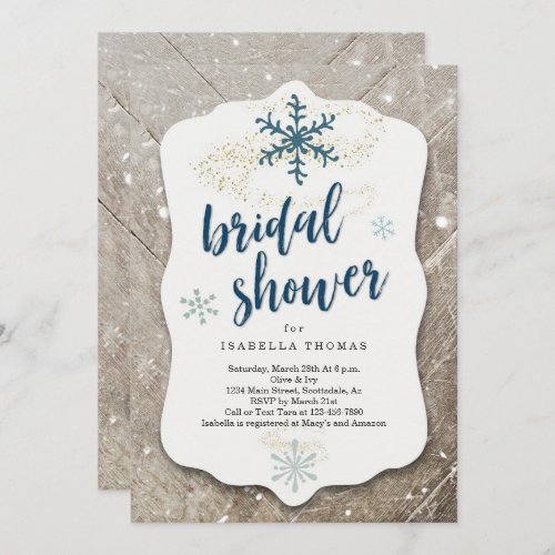 Rustic Winter Snow Bridal Shower Invitation - A wonderfully rustic barn wood and snow backdrop for your Bridal Shower invitations.  Matching registry insert, envelopes, and other items are available in my Winter Wonderland collection.