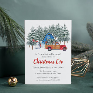 Rustic Winter Snow Red Truck Christmas Eve Dinner Invitation