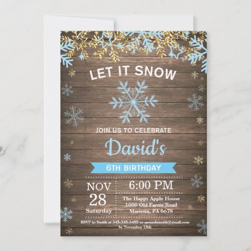 Rustic Winter Snowflake Blue and Gold Boy Birthday Invitation